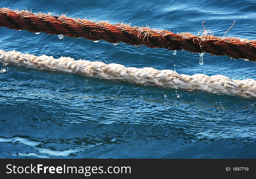 Two ropes mooring immersed in sea water