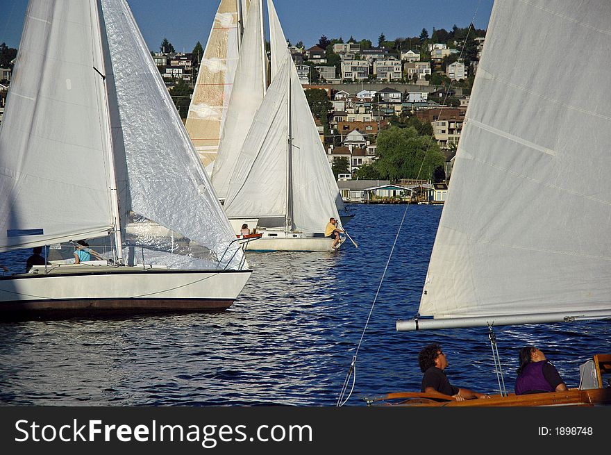 A little cheating going on in the Duck Dodge sailboat race on Lake Union in Seattle, WA. A little cheating going on in the Duck Dodge sailboat race on Lake Union in Seattle, WA