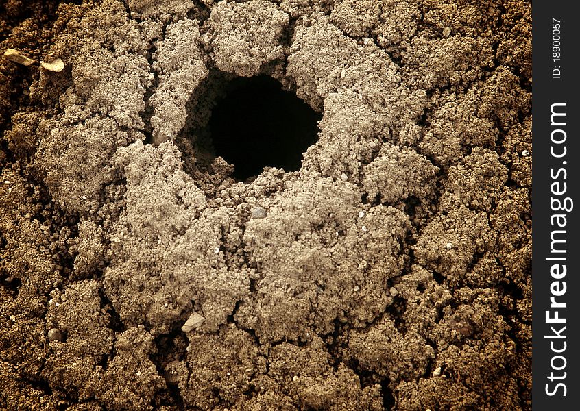 A deep hole in the dry dirt. A deep hole in the dry dirt