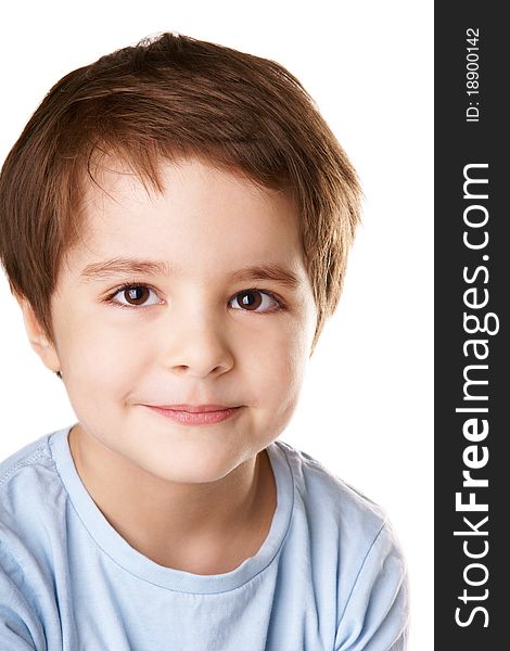 Close-up portrait of beautiful smiling little boy isolated on white background. Close-up portrait of beautiful smiling little boy isolated on white background