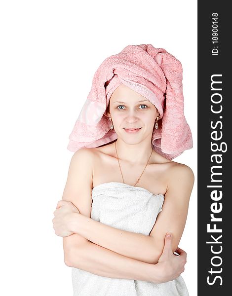 Portrait of woman wrapped towel isolated