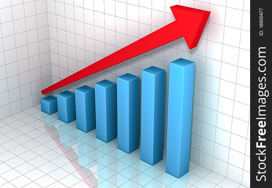 3d business chart with red arrow and reflection