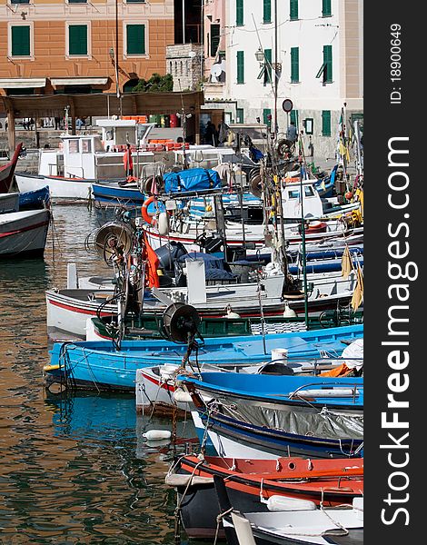 This photo shows a typical Italian port with several fishing boats and colorful in classic Italian province of Genoa, more precisely Camogli. This photo shows a typical Italian port with several fishing boats and colorful in classic Italian province of Genoa, more precisely Camogli