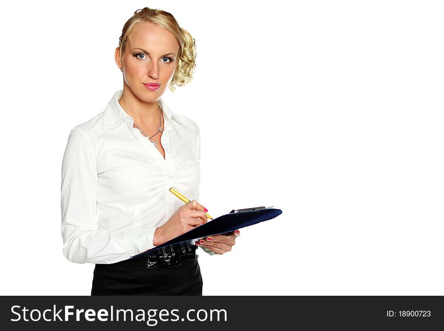 Young Businesswoman lost in thought over the signing of the document. Isolated on a white background. Young Businesswoman lost in thought over the signing of the document. Isolated on a white background