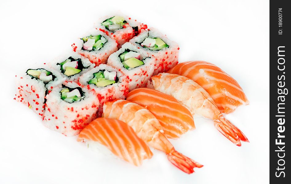 Traditional japanese sushi and maki isolated on white