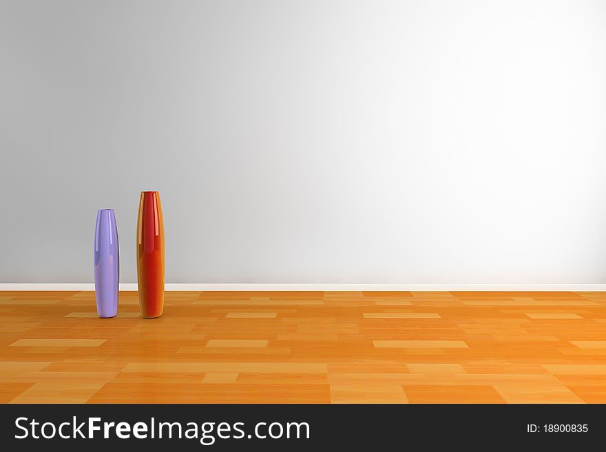 Empty room with two vase on wood floor