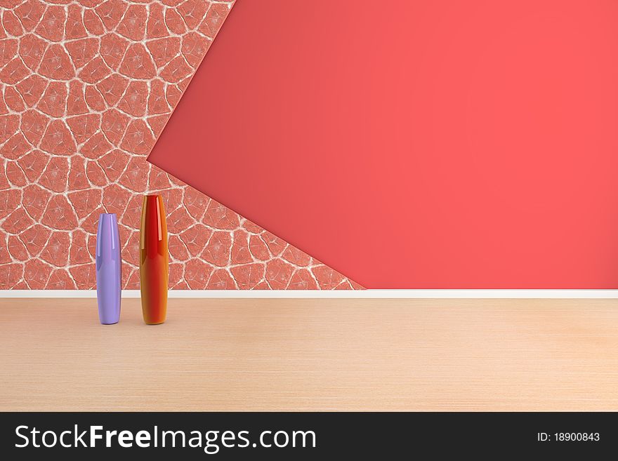 Empty room with two vase on wood floor and stone wall