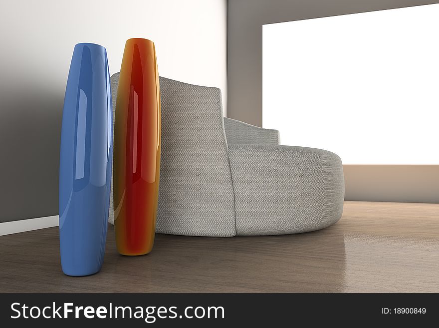 3d interior room with two vase and light