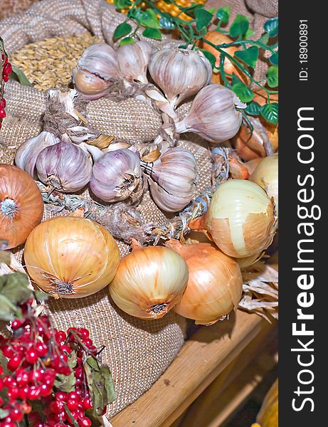 Rustic collection of garlic bulbs and onion. Rustic collection of garlic bulbs and onion