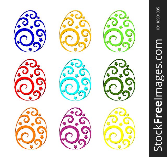 Illustration. Set of easter eggs with ornament of different colors.