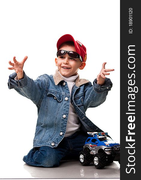 Cute Little Boy Playing With Car