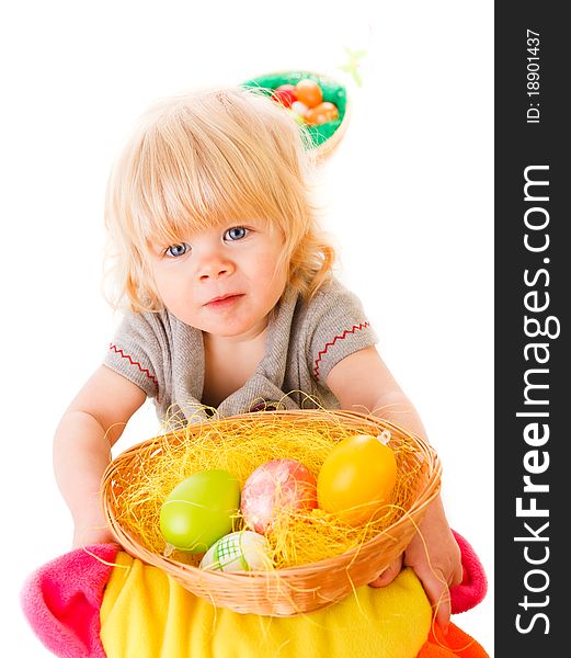 Blonde haires little girl with easter eggs