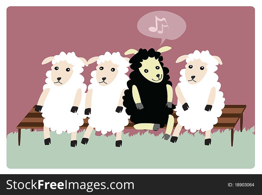 Illustration of four white sheep sitting on a bench with a black one among them. Illustration of four white sheep sitting on a bench with a black one among them.