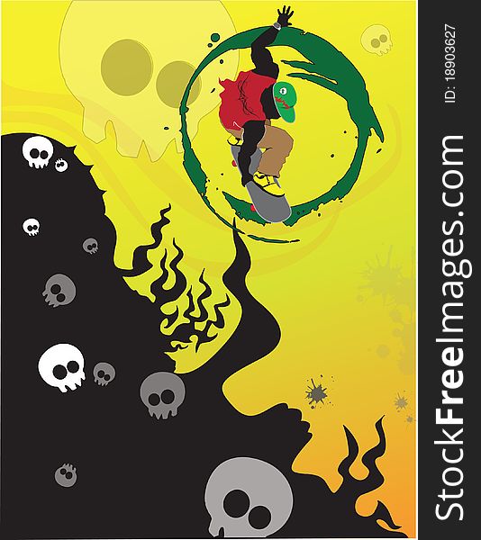Skater in midair design with skulls and fire over halftone gradient background