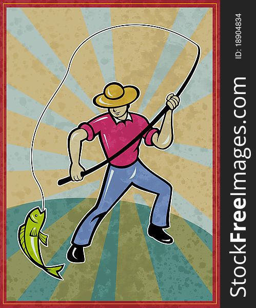 Poster illustration of a fisherman fishing catching fish with rod with sunburst in background