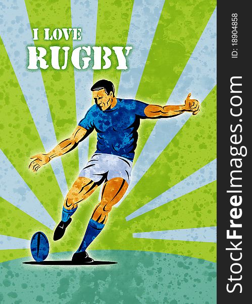 Poster illustration of a rugby player kicking the ball with sunburst in background with grunge texture