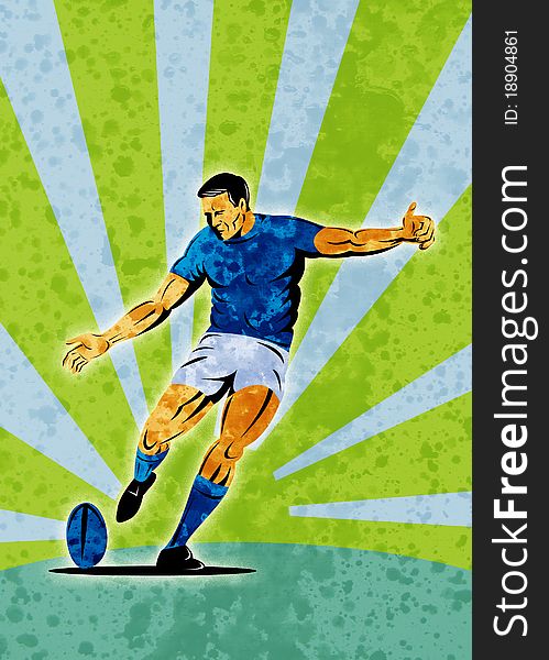 Poster illustration of a rugby player kicking the ball with sunburst in background with grunge texture. Poster illustration of a rugby player kicking the ball with sunburst in background with grunge texture