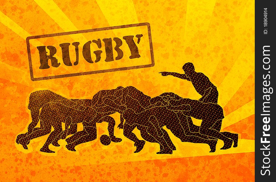 Poster illustration of rugby players engaged in scrum with sunburst in background and grunge texture