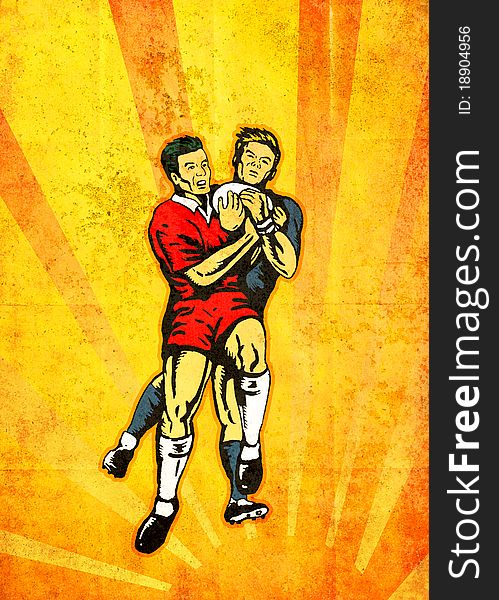 Poster illustration of rugby players jumping catching ball with sunburst and grunge texture background. Poster illustration of rugby players jumping catching ball with sunburst and grunge texture background