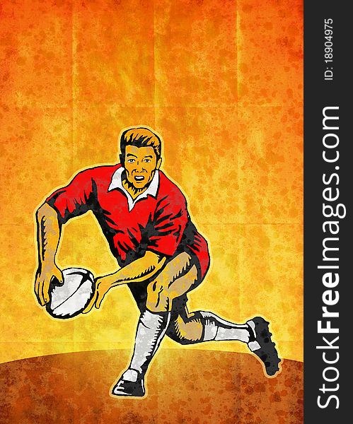 Poster illustration of a rugby player running passing with ball with grunge texture background. Poster illustration of a rugby player running passing with ball with grunge texture background