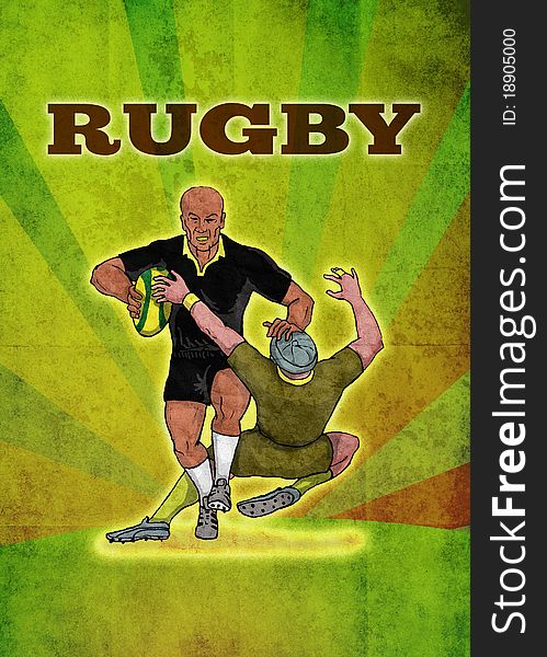 Poster illustration of a rugby player running attacking with ball with grunge texture background with words rugby