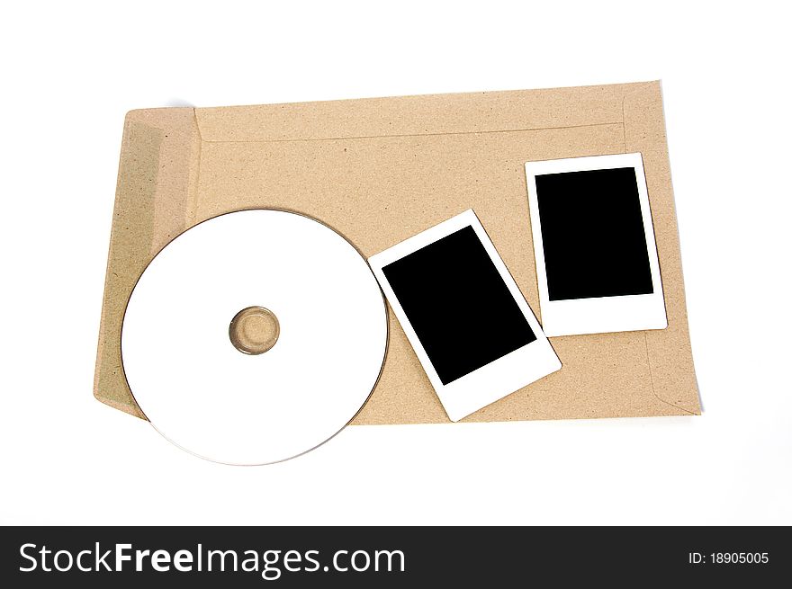 Brown Envelope document with cd-rom and Frame on white background