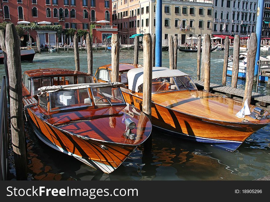 Two new motorboats made fast on Grand Canal, Venice, Italy. Two new motorboats made fast on Grand Canal, Venice, Italy