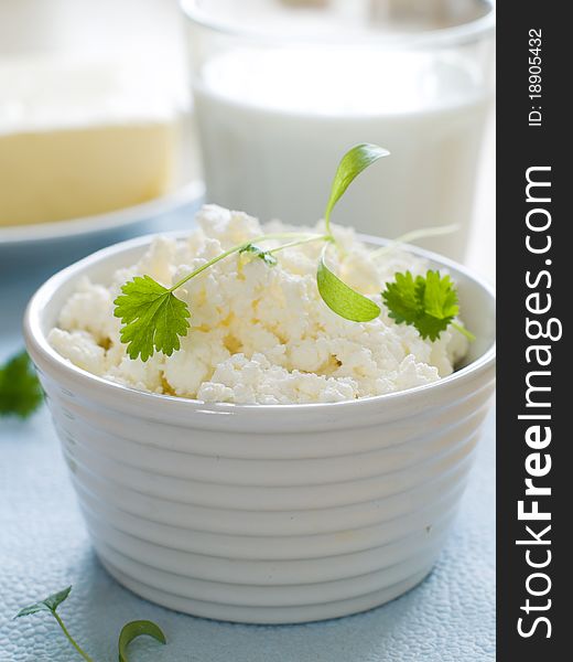 Cottage cheese with other dairy product on background