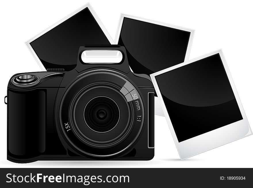 Illustration of camera with photograph against white background