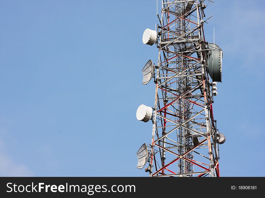 Broadcaster or transmitter tower and telecommunication satelites. Broadcaster or transmitter tower and telecommunication satelites