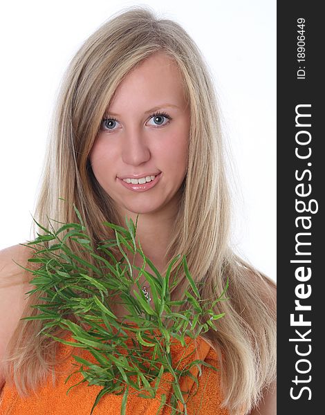 Beautiful Young Woman With Green Leaves