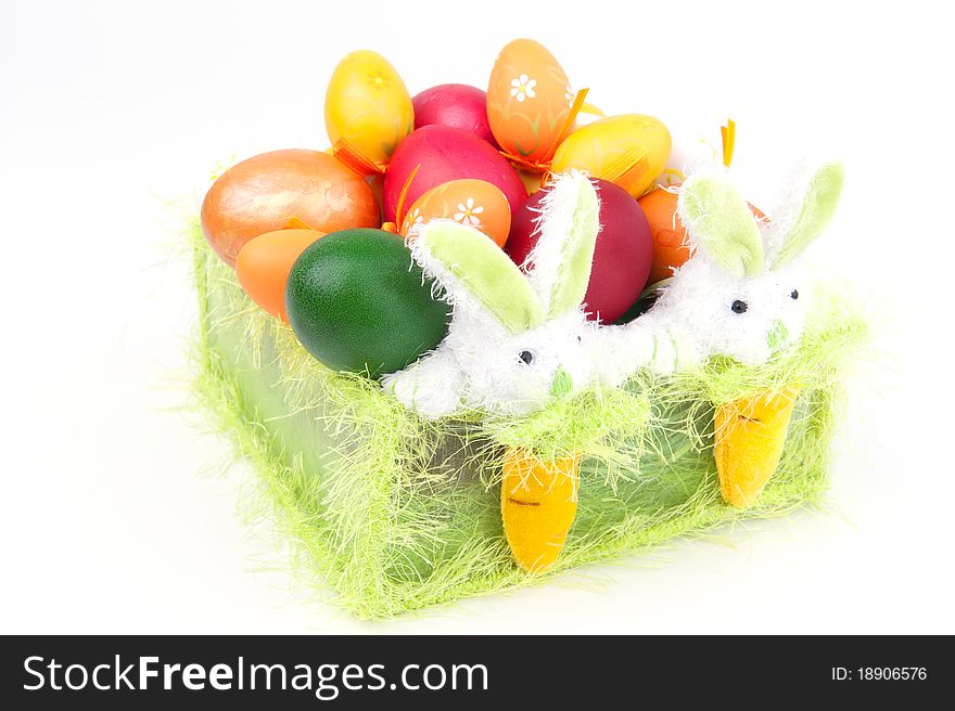 Easter eggs in a basket with Bunnies