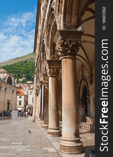 Colonnade of an ancient building in the city of Dubrovnik, Croatia.