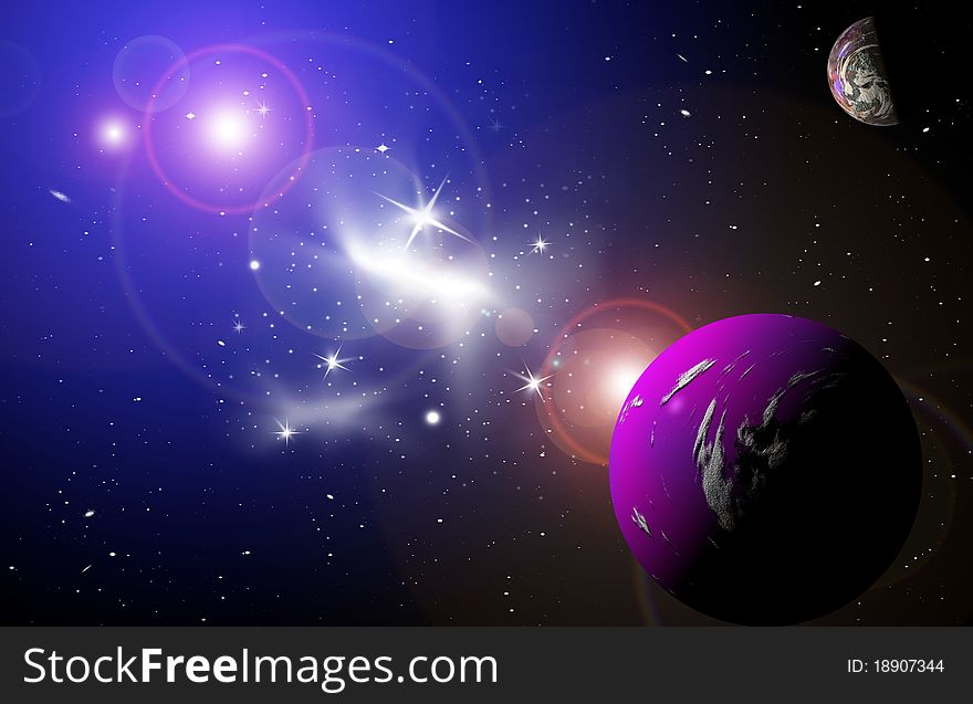 Planet in space in the star sky of flash, light