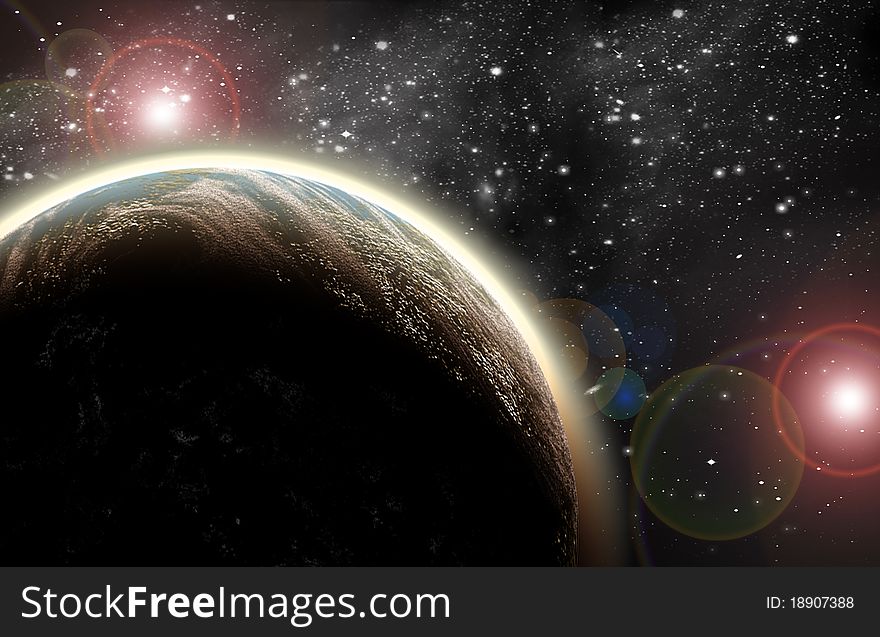 Planet in space in the star sky of flash, light