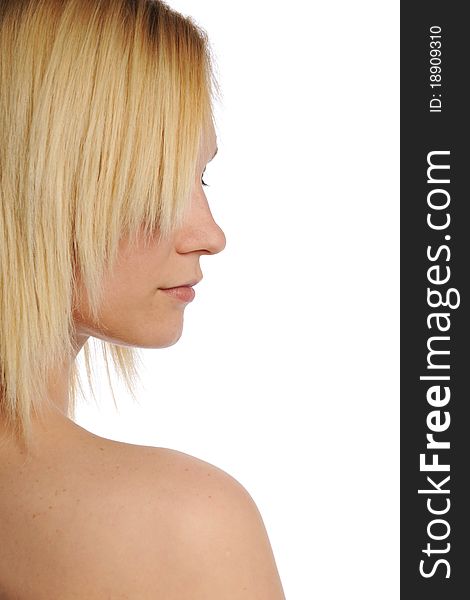 Young Blond Woman's profile isolated on a white background