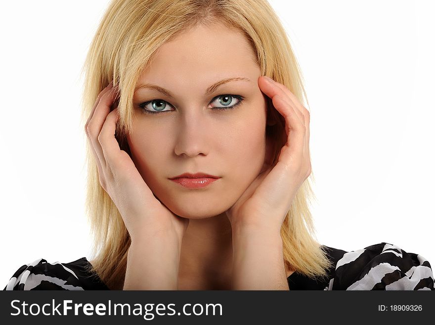 Portrait of Young Blond with hands on her face isolated on a white background