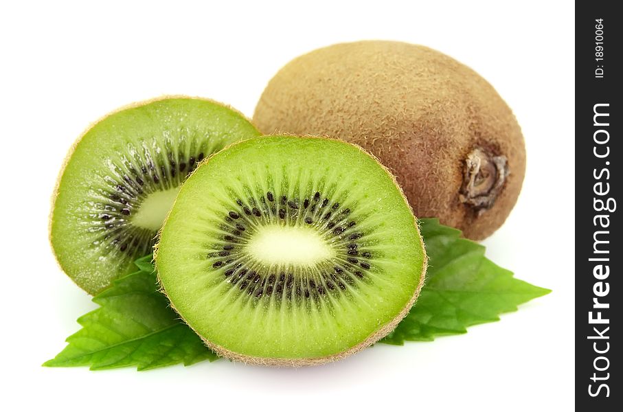 Sweet kiwi with leaves on a white background