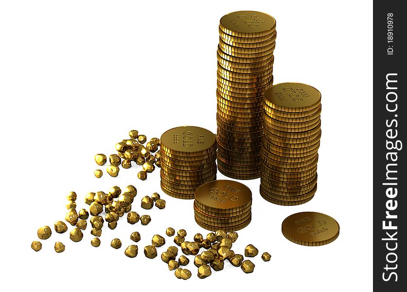 3d gold bars and coins on white