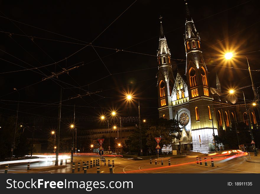 Beautiful church at night in Timisoara, Romania