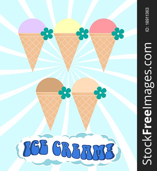 Vector ice cream in blue rays and white background