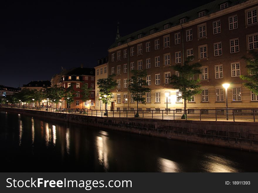 Beautiful city of Copenhagen at night, center