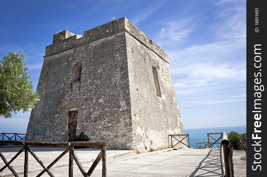 Bastion alone with panorama to the Adriatic sea near Pugniochiuso Italy