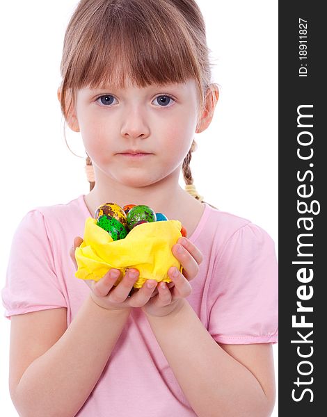 Cute Girl With Easter Eggs At Hands