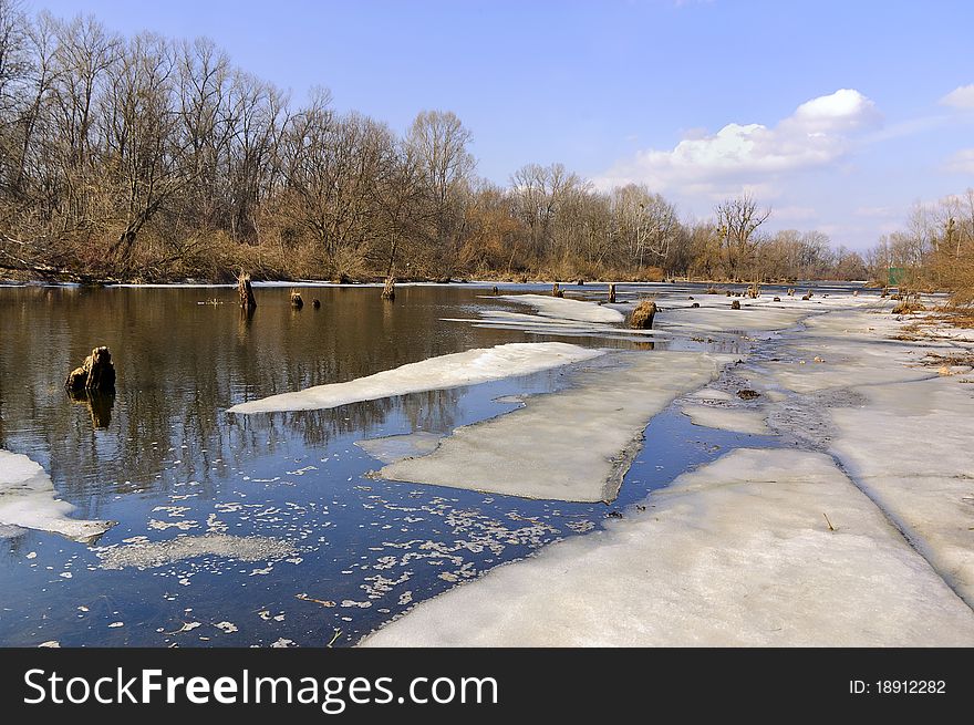 Last ice floes thaw on lake in the Kiev park. Last ice floes thaw on lake in the Kiev park