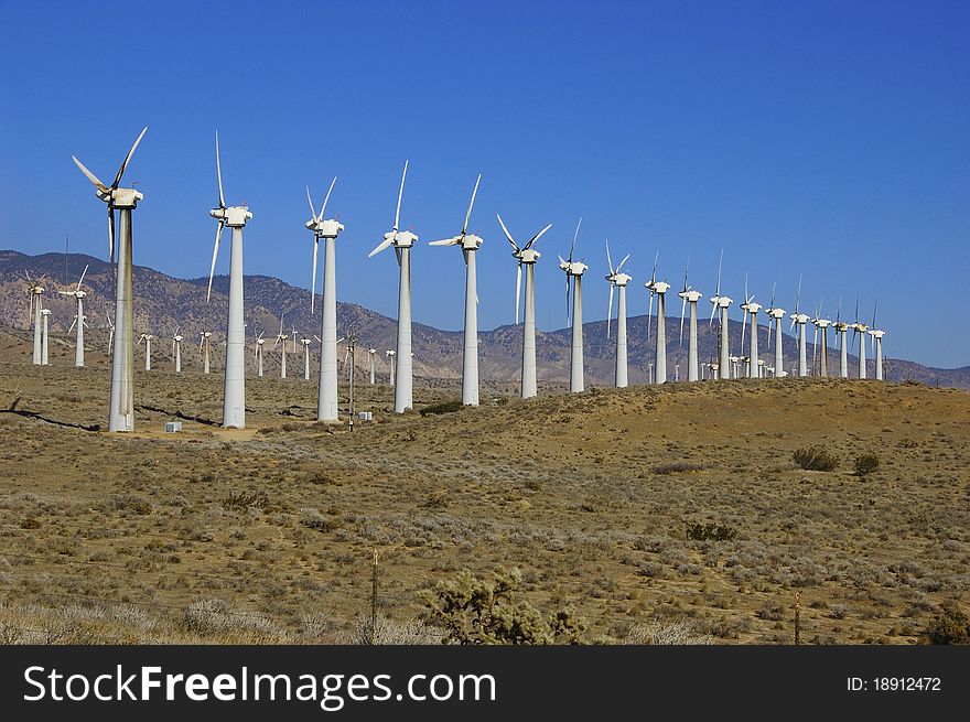Rows of wind turbines in California desert. Rows of wind turbines in California desert