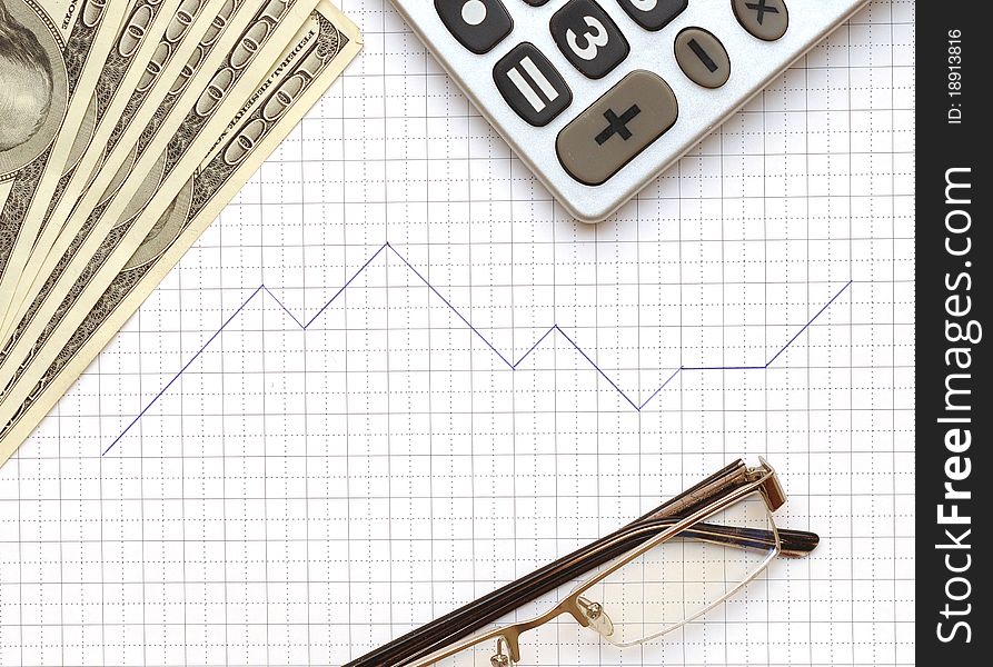 Eyeglass, calculator and the working paper with a diagram