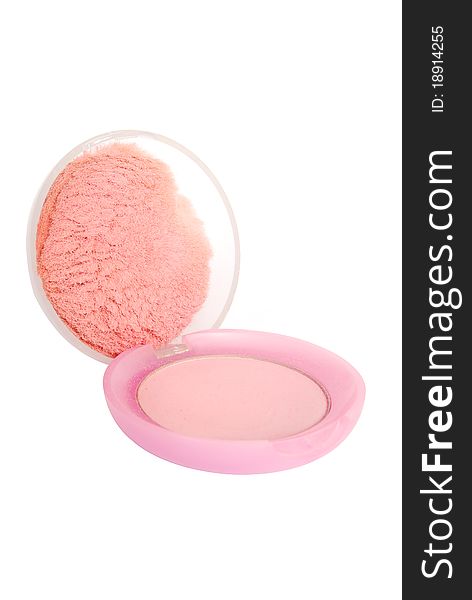 Compact cosmetic pink color powder isolated on white background