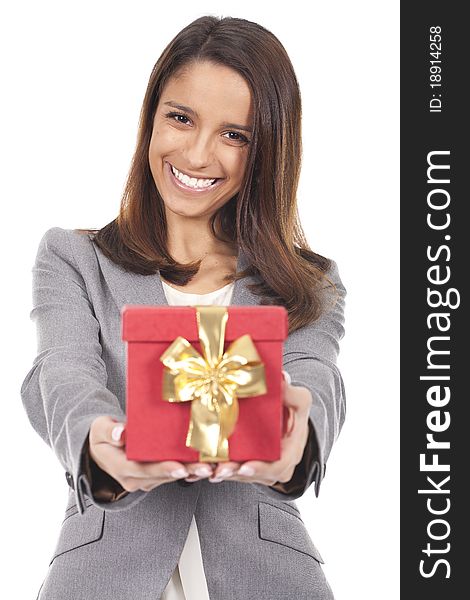 A beautiful and smiling woman holding a red box gift