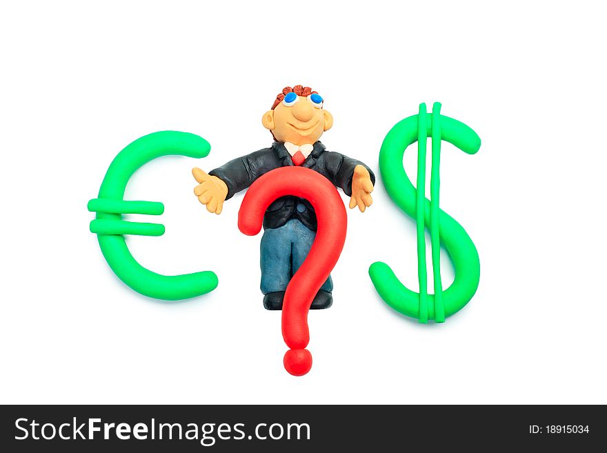 Shot of a plasticine businessman in a suit with money symbols. Isolated over white background. Shot of a plasticine businessman in a suit with money symbols. Isolated over white background.